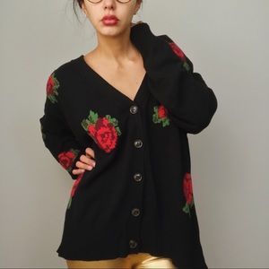 black cardigan with roses